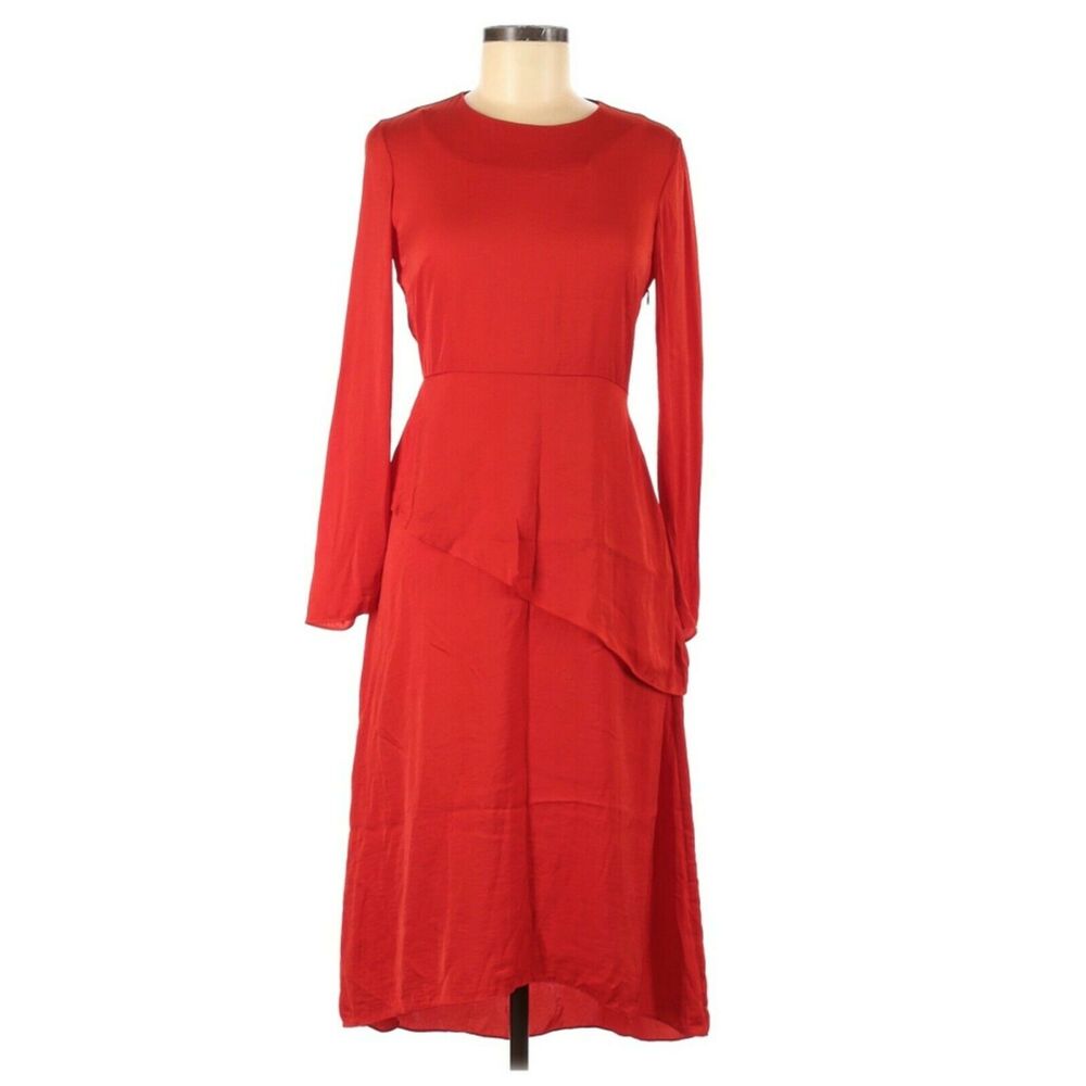 MAJE Remania satin tiered a-line long sleeve crewneck red career dress Sz 1 NEW - Picture 1 of 9